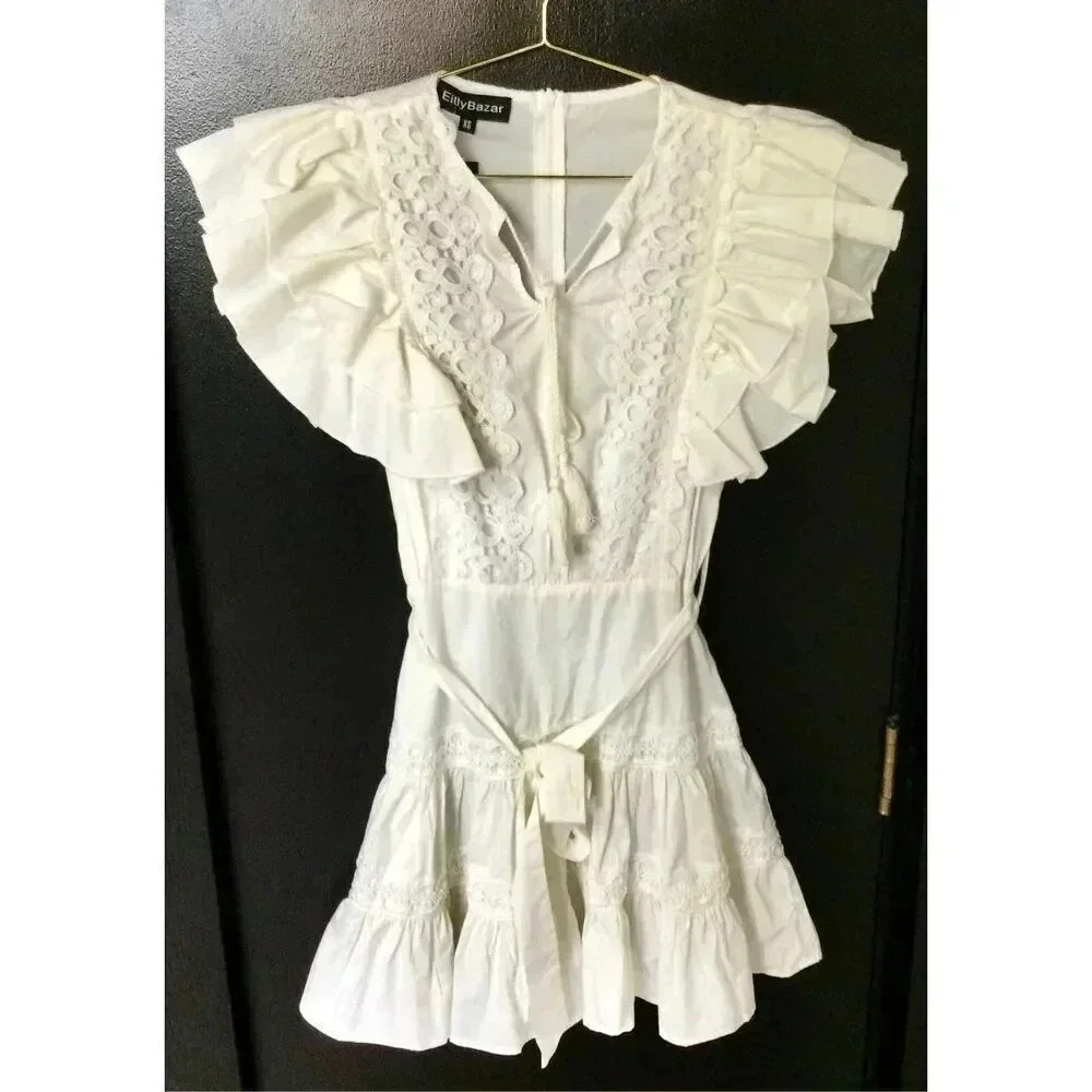 NWT Eilly Bazar Womens‎ White Lace Trim Butterfly Sleeve Mini Dress Size XS